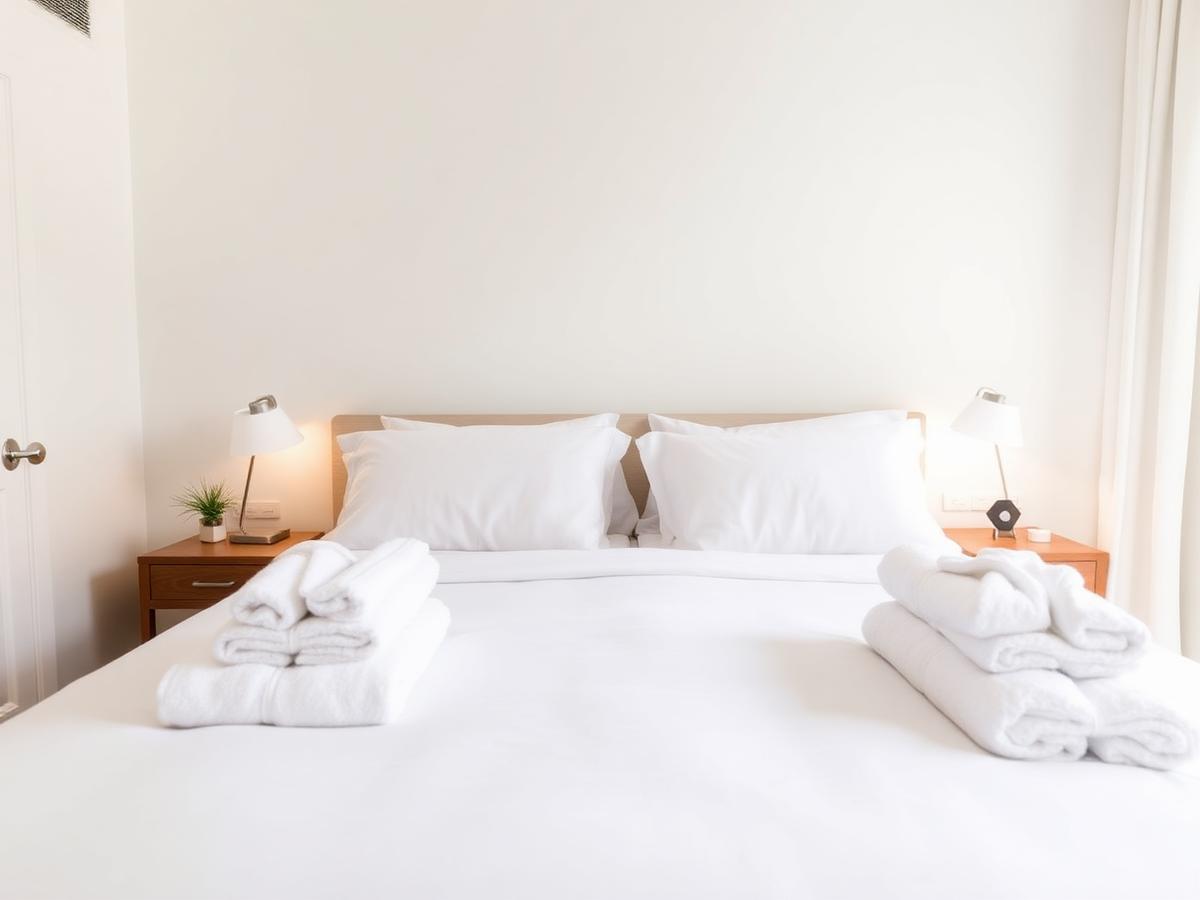Freshly folded white towels on a made bed